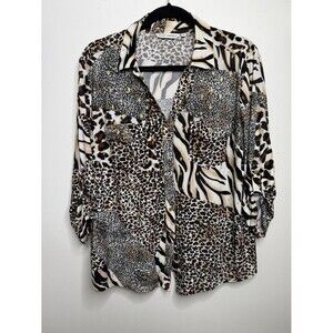 Animal Print Blouse Mixed Leopard Zebra Granny Button Down stretchy silky Top L